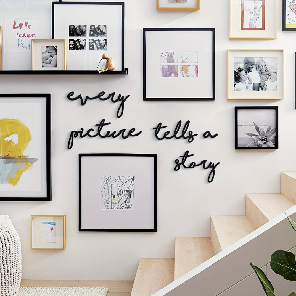 Black Metal Wall Art Photo Collage Frame – "Every Picture Tells a Story" Vertical Rectangular Contemporary Picture Display with White Border