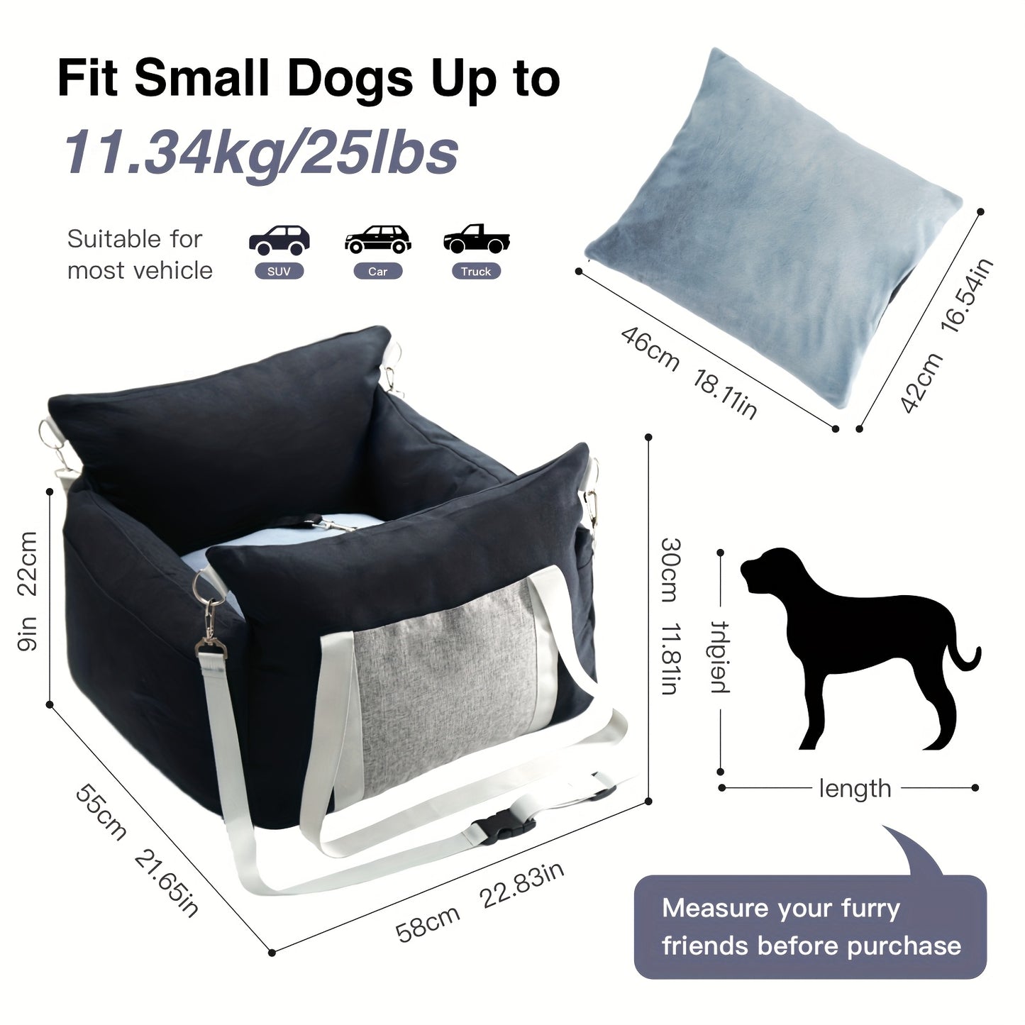 Dog Car Seat Carrier Booster with Safety Harness – Pet Travel Seat for Dogs & Cats, Handheld & Shoulder Strap, Fits Front & Back Seat