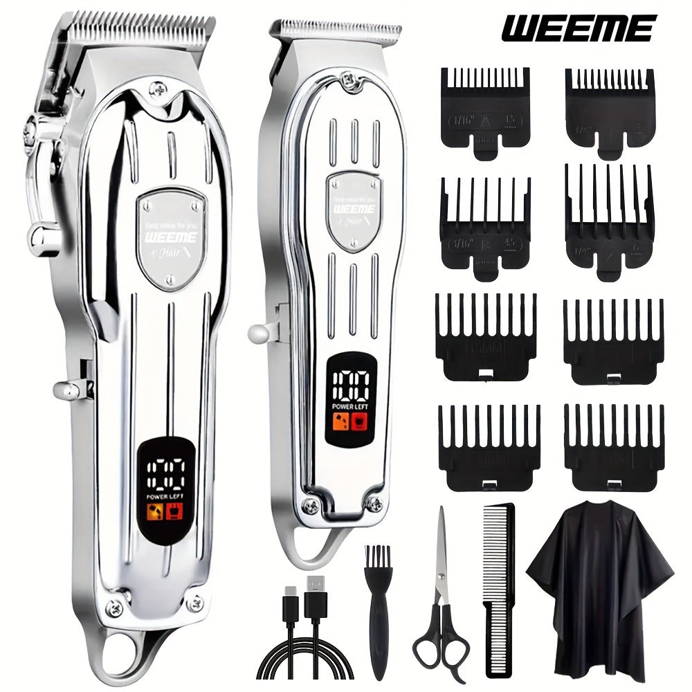 Hair Clipper WEEME 819 Gold or Silver Two-Tool Set with LCD Displays, USB Charging and Eight Guide Combs