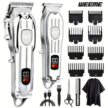 Hair Clipper WEEME 819 Gold or Silver Two-Tool Set with LCD Displays, USB Charging and Eight Guide Combs