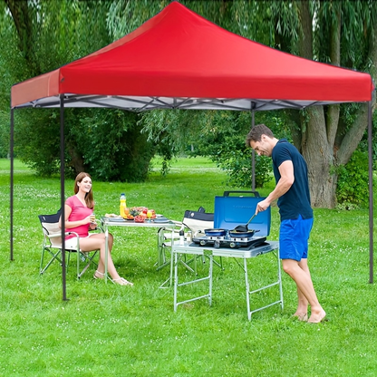Open-Sided 10x10ft Pop-Up Canopy Tent with Peaked Fabric Top, Carry Bag and Blue or Red Finish