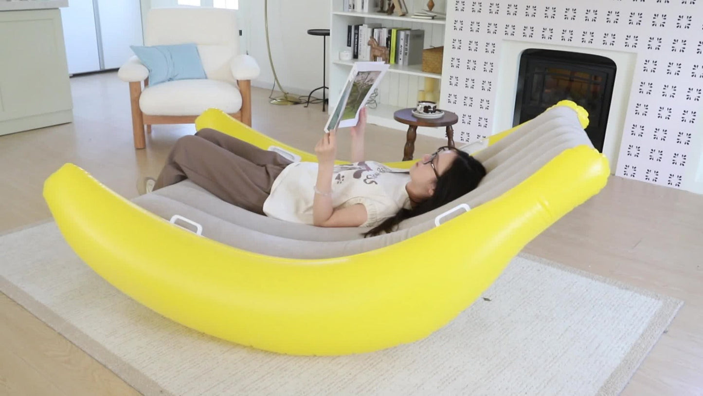 Yellow-and-Gray Banana-Shaped Inflatable Lounge Chair Set with Pictured Pump and 1 Set Checkout