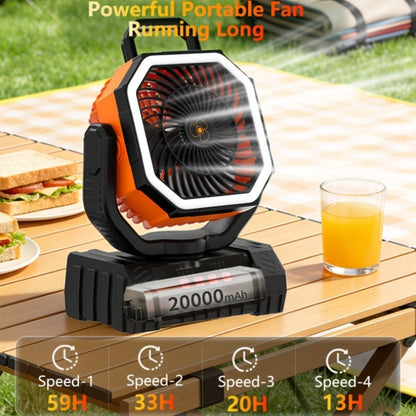 Camping Fan 20000mAh Tabletop and Hanging Fan with 4 Speeds, 13-59 Hour Labeled Runtime, LED Ring and Remote