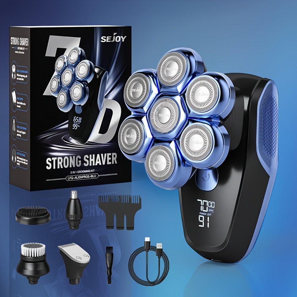 7D Head Shaver Bald Men 5-in-1 Waterproof Wet Dry Electric Razor – Type-C Rechargeable 6500-7500RPM Rotary Grooming Kit with Nose Hair