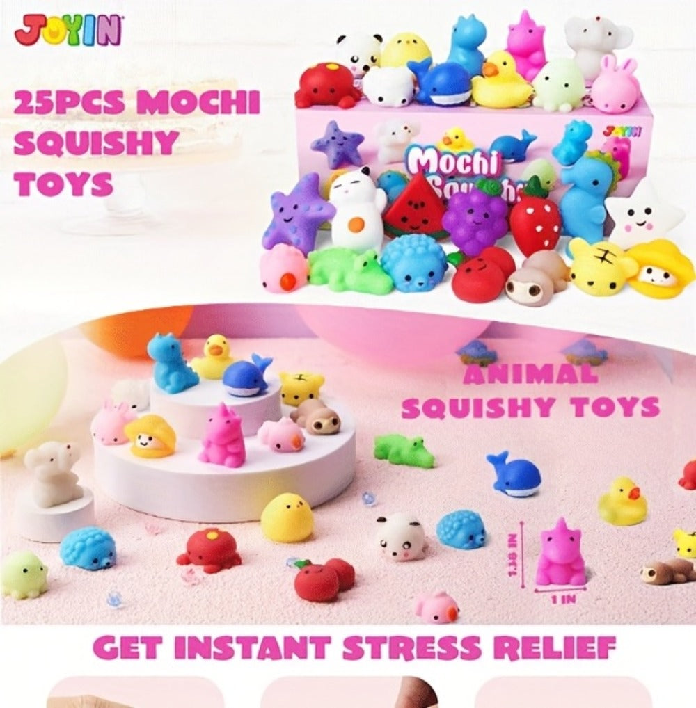25-Piece Mini Mochi-Style Squishy Toy Set with Assorted Animal and Fruit Shapes from 1 to 1.38 Inches