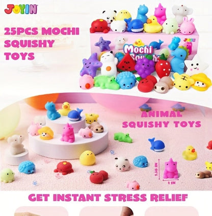 25-Piece Mini Mochi-Style Squishy Toy Set with Assorted Animal and Fruit Shapes from 1 to 1.38 Inches