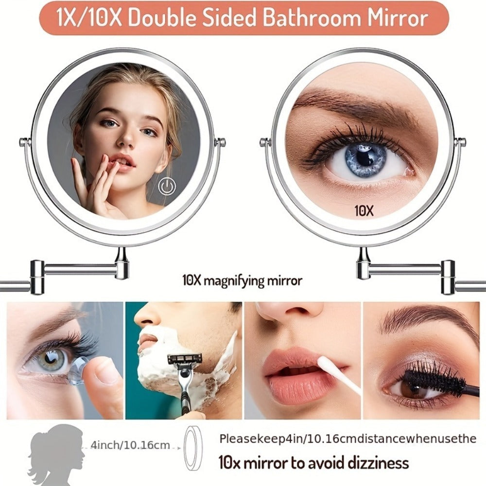 Makeup Mirror with Lights, Wall-Mounted 8-Inch Dual-Sided 1X and 10X with Three Light Colors, Touch Dimming and USB Charging