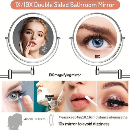 Makeup Mirror with Lights, Wall-Mounted 8-Inch Dual-Sided 1X and 10X with Three Light Colors, Touch Dimming and USB Charging