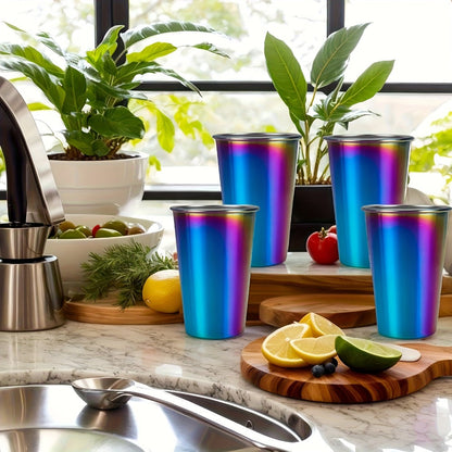 Camping Tableware Set Stainless Steel Rainbow Plates Bowls Cups with Forks Spoons Knives Outdoor for Camping, Travel and Outdoor Use
