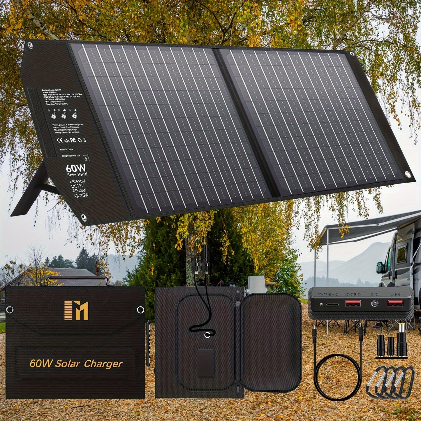 Portable Solar Panel Charger 30W 60W, Foldable Monocrystalline with 18V MC4, DC 12V, USB-A QC3.0 & USB-C PD 18W for Camping