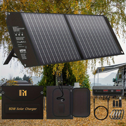 Portable Solar Panel Charger 30W 60W, Foldable Monocrystalline with 18V MC4, DC 12V, USB-A QC3.0 & USB-C PD 18W for Camping