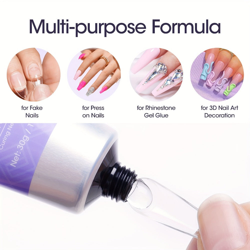 Press-On Nail Glue Gel Kit 30g with UV Lamp – Strong Long-Lasting Solid Nail Glue, 60ml Remover & Buffer for False Nails