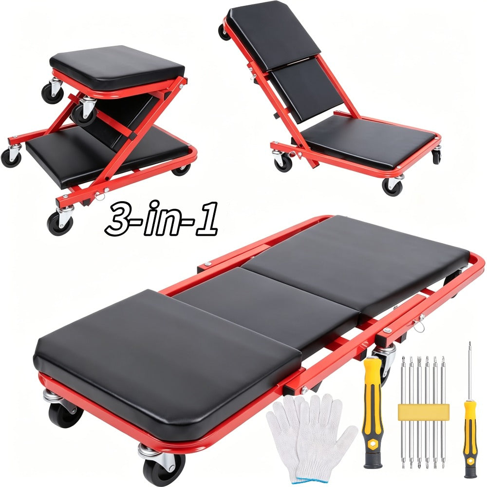 Mechanic Creeper 36-Inch Z-Crawl Folding – Adjustable Load Board, 6-Wheel 2.5" Rolling Garage Repair Seat