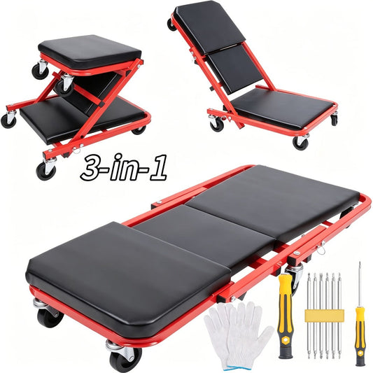 Mechanic Creeper 36-Inch Z-Crawl Folding – Adjustable Load Board, 6-Wheel 2.5" Rolling Garage Repair Seat