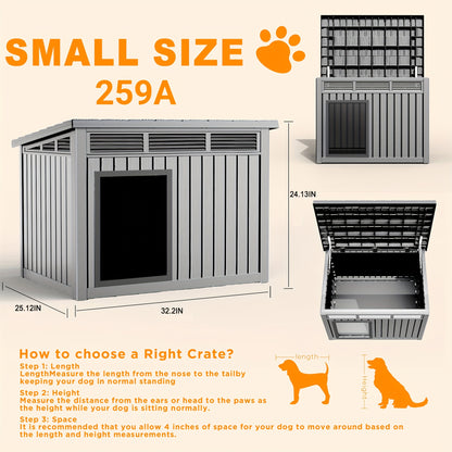 Outdoor Dog House Resin Kennel – All-Weather Slant Roof Dog Villa with Gas-Lift Ventilated Canopy, UV & Stormproof, Removable Top