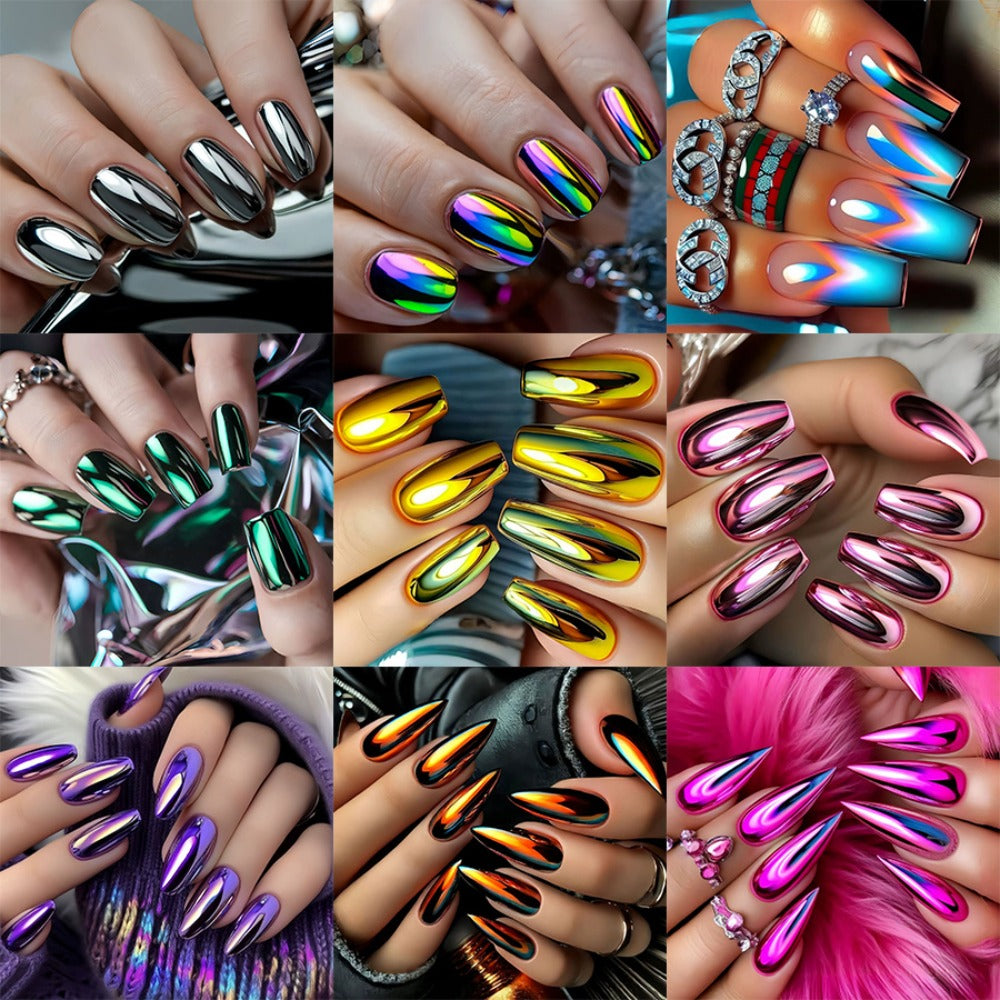 Press On Nails 216-Piece Almond Pointed Nine-Pack Set with Purple Pink Silver Gold Styles and Glue