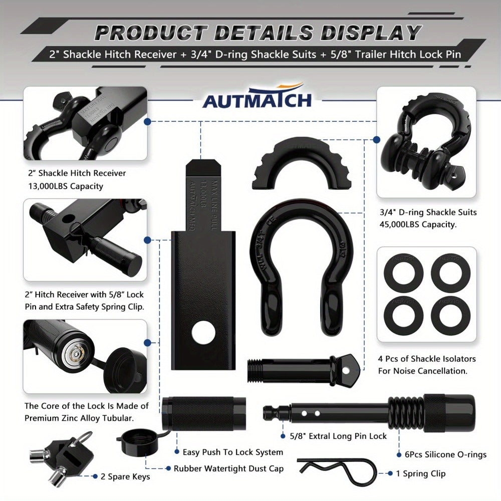 Shackle Hitch Receiver Kit 2 Inch – 45, 000 lbs Break Strength, Drop-Forged Steel, Lock Pin & D-Ring, Fits Truck RV ATV Boat, 8 Colors