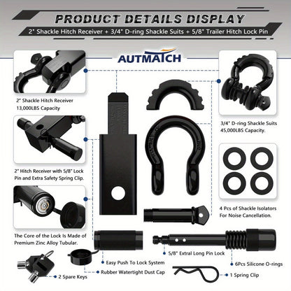 Shackle Hitch Receiver Kit 2 Inch – 45, 000 lbs Break Strength, Drop-Forged Steel, Lock Pin & D-Ring, Fits Truck RV ATV Boat, 8 Colors