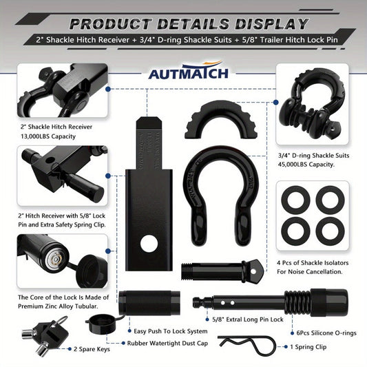 Shackle Hitch Receiver Kit 2 Inch – 45, 000 lbs Break Strength, Drop-Forged Steel, Lock Pin & D-Ring, Fits Truck RV ATV Boat, 8 Colors