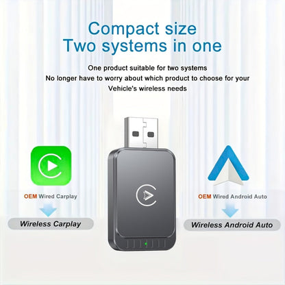 Gray Dual-System Wireless CarPlay and Android Auto Adapter with USB-A Plug and USB-C Adapter