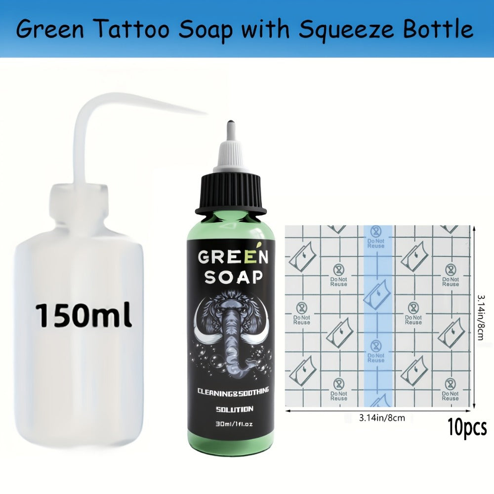 Tattoo Green Soap Cleansing Solution Kit – Professional Tattoo Wash Soap with Squeeze Bottle, Safe Moisturizing Foam for Tattoo Artists Skin