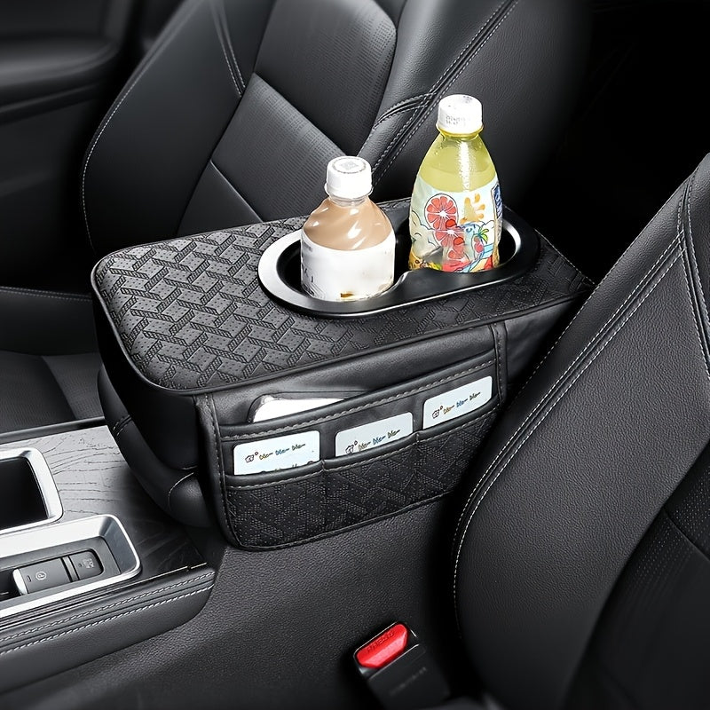 Car Center Console Cover PU Leather – Universal Armrest Box Mat with 2 Cup Holders & 2 Side Pockets, Phone & Card Storage