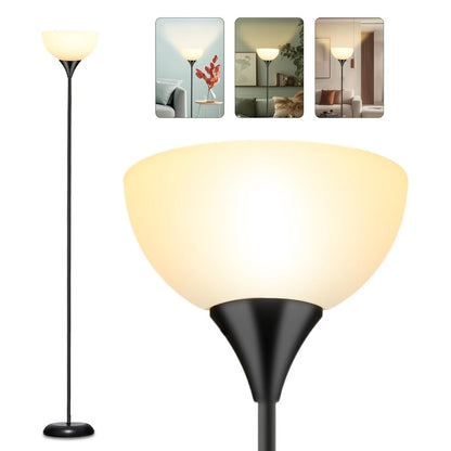 Single-Head Black Torchiere Floor Lamp with Upward Bowl Shade, Rotary Switch and Replaceable Bulb Socket