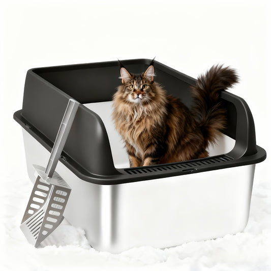 Stainless Steel Cat Litter Box with High Sides & Lid – Metal Litter Pan Anti-Leak Non-Stick Easy Clean Indoor Cat Toilet with Scoop
