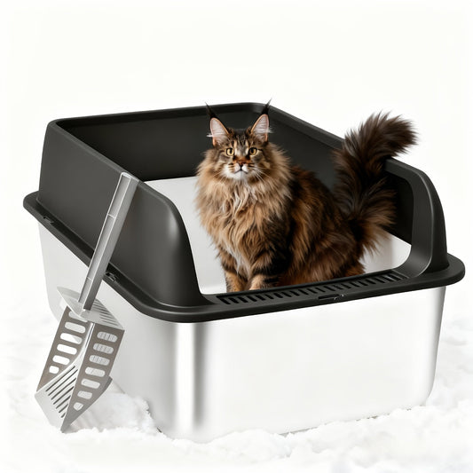 Stainless Steel Cat Litter Box with Removable High-Wall Surround, Front Step and 20cm or 25cm Height Options