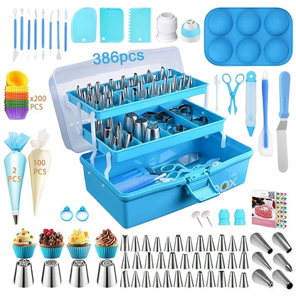 386 Pcs Cake Decorating Baking Set with Piping Nozzles & Frosting Tips, Complete Beginner Baking Tool Kit with Floral Nozzles