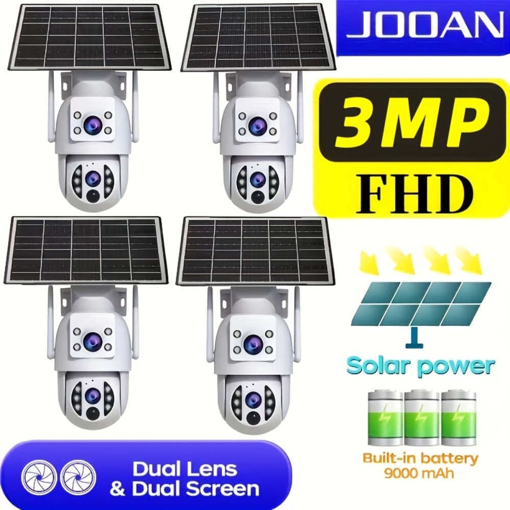JOOAN RS3 3MP Dual-Lens Solar PTZ Security Camera with 2.4GHz WiFi, 9000mAh Battery and No Card