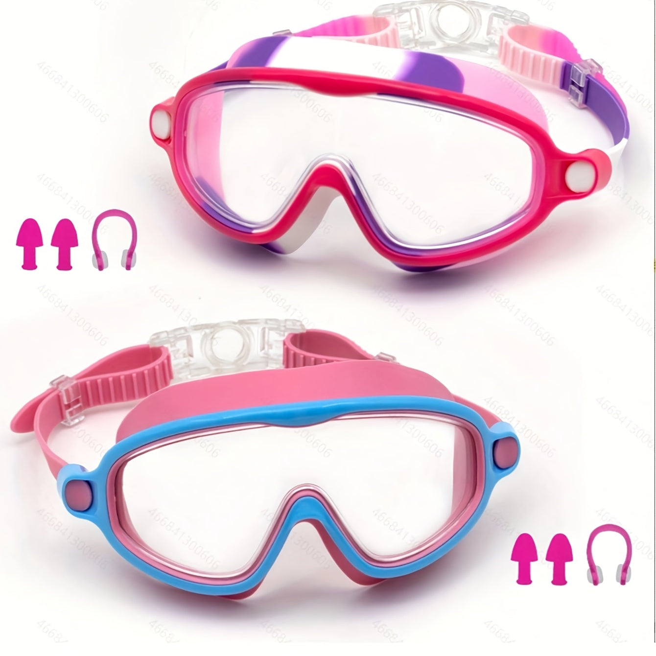 Two-Pack Clear-Lens Swim Goggles with Adjustable Side-Release Straps, Earplugs and Nose Clips
