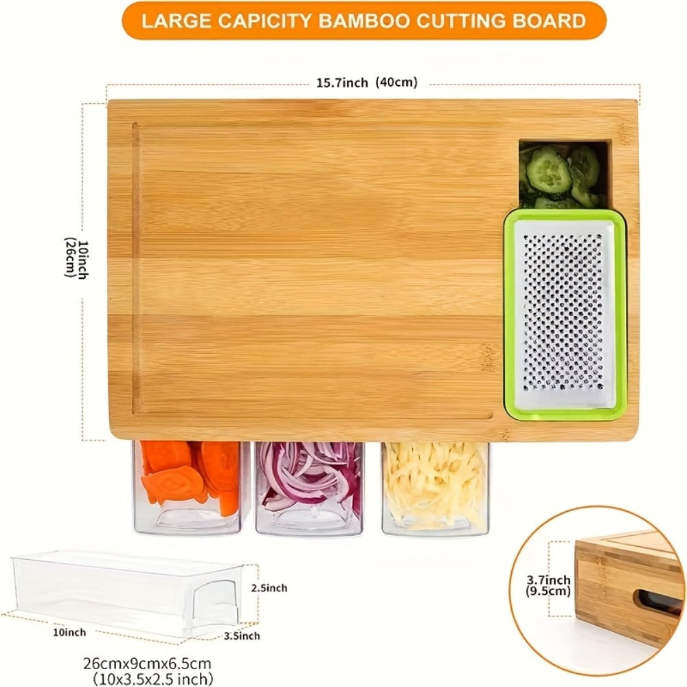 Bamboo Cutting Board with Food Container, Cheese Grater & Juice Groove – Large Wooden Chopping Board Set with Storage Box