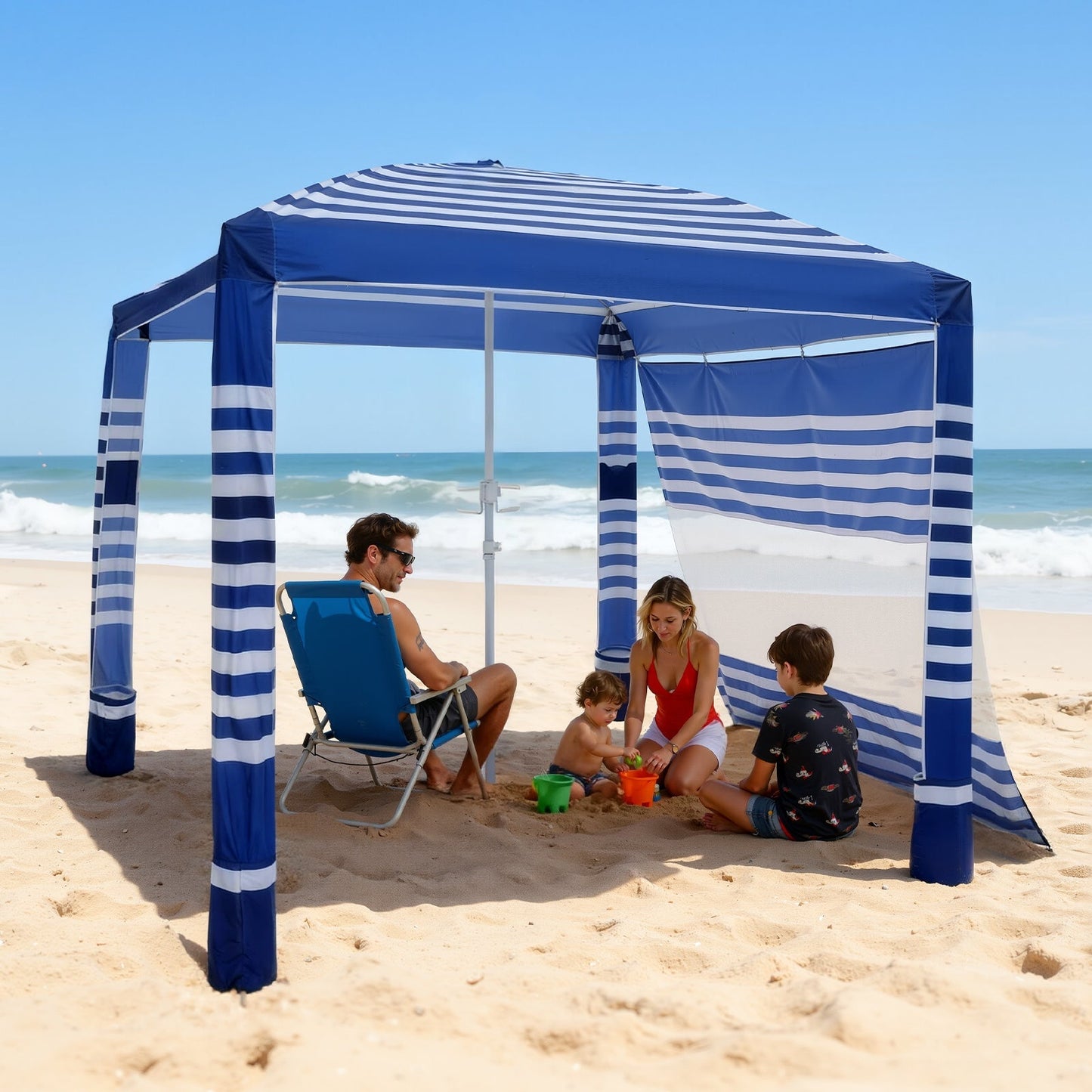 Beach Cabana 8x8ft UPF 50+ Adjustable Height Side Wall Navy Stripes for Garden, Patio and Yard Use