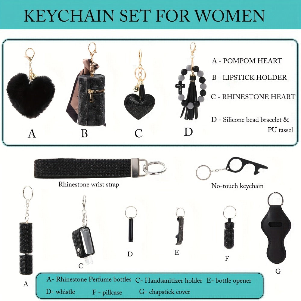 Rhinestone Keychain Set for Women 13-Piece with the Listed Color, Size or Set Options for Everyday Use