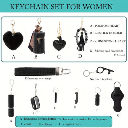 Rhinestone Keychain Set for Women 13-Piece with the Listed Color, Size or Set Options for Everyday Use