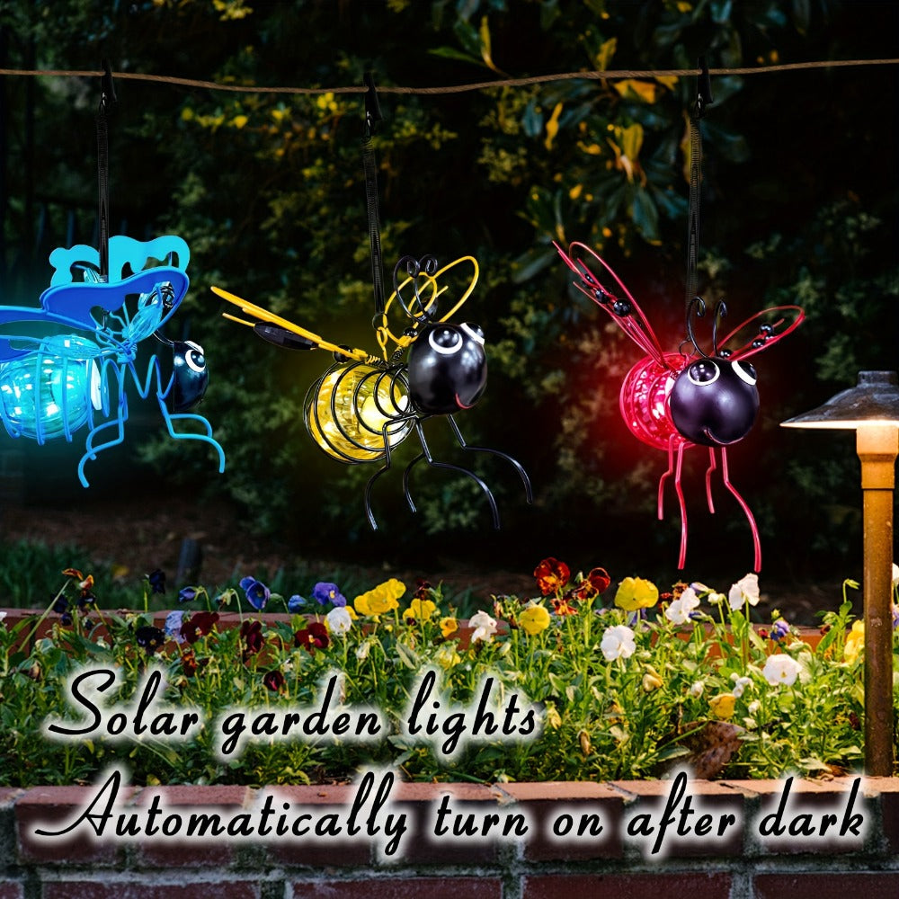 Solar Hanging Bee & Ladybug Lights Set of 3, Metal Decorative Solar Garden Lights, Outdoor Hanging Decor for Balcony
