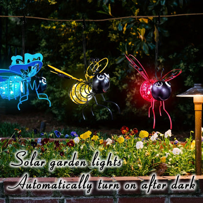 Solar Hanging Bee & Ladybug Lights Set of 3, Metal Decorative Solar Garden Lights, Outdoor Hanging Decor for Balcony