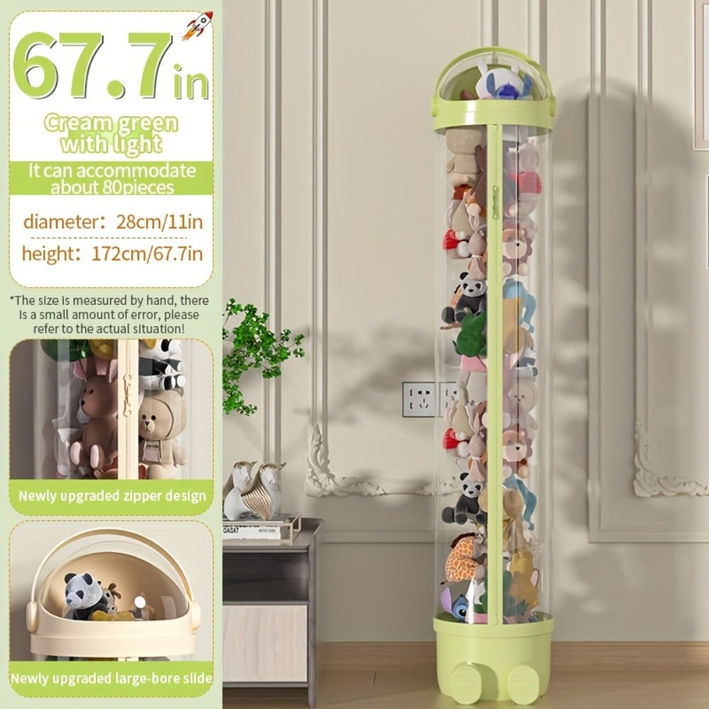 Stuffed Animal Storage Bin Transparent Cylindrical with Zipper, Large Plush Toy Organizer for Kids Bedroom Living Room