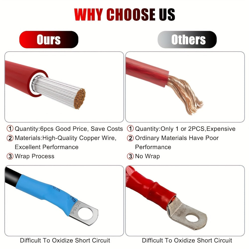 6AWG Battery Inverter Cables – 6-Pack 12-Inch Pure Copper Red & Black Cables with 5/16" Tinned Copper Lugs, PVC Insulated for Car, Truck
