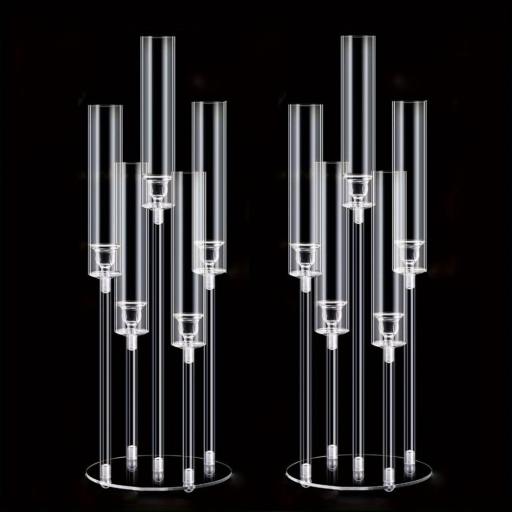 Candle Holder Set of 2 Clear Acrylic Five-Arm Candelabras with Cylindrical Shades for Flameless LED Candles