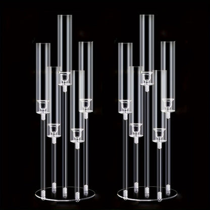 Candle Holder Set of 2 Clear Acrylic Five-Arm Candelabras with Cylindrical Shades for Flameless LED Candles