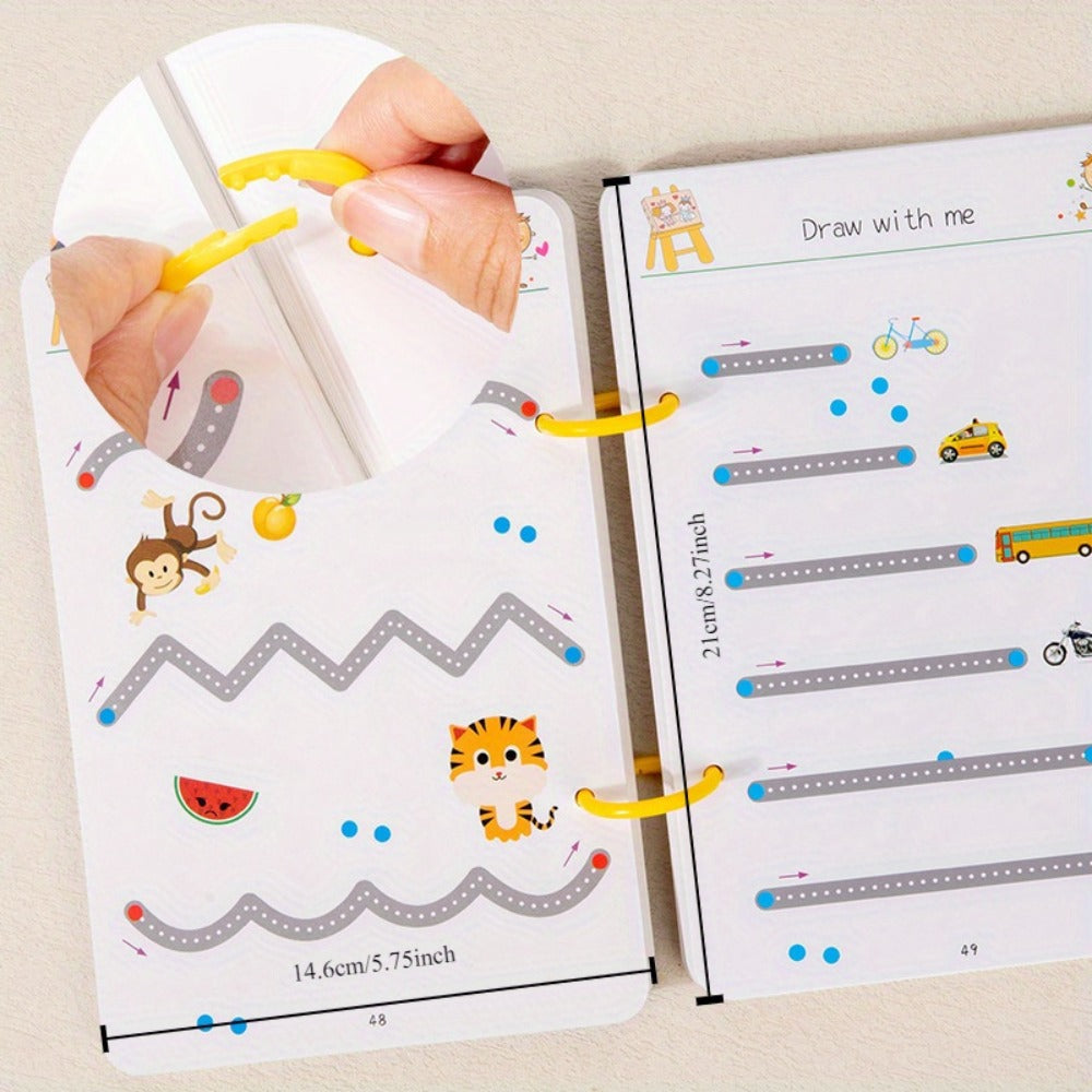 Wipe Clean Tracing Workbook for Kids – 64-Page Reusable Magic Exercise Book with 8 Color Pens & Eraser, Pen Control Writing Practice