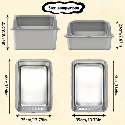 Stainless Steel Cat Litter Box with Removable High-Wall Surround, Front Step and 20cm or 25cm Height Options