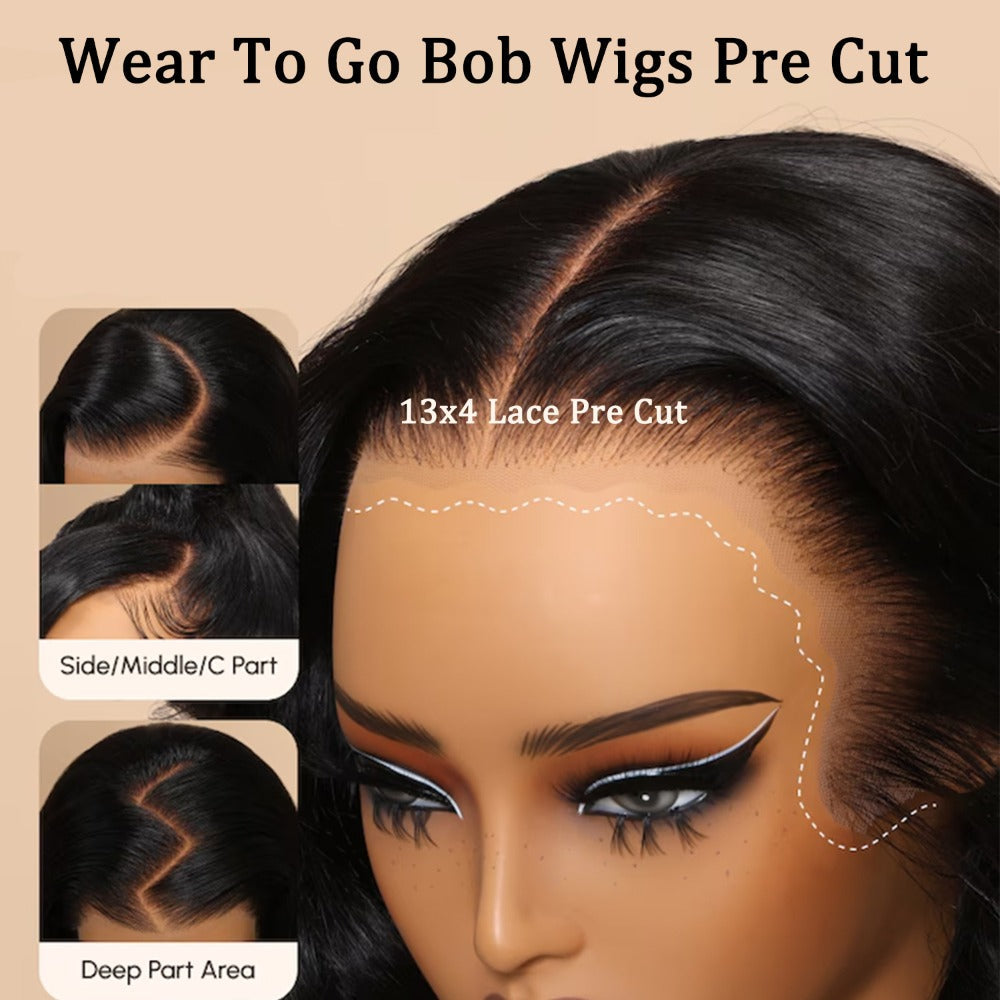 Glueless Bob Wig Human Hair 13x4 Pre Cut Lace 200% Density Wear and Go Deep Wave Body Wave Pre, for Home, Travel and Salon Hair Styling