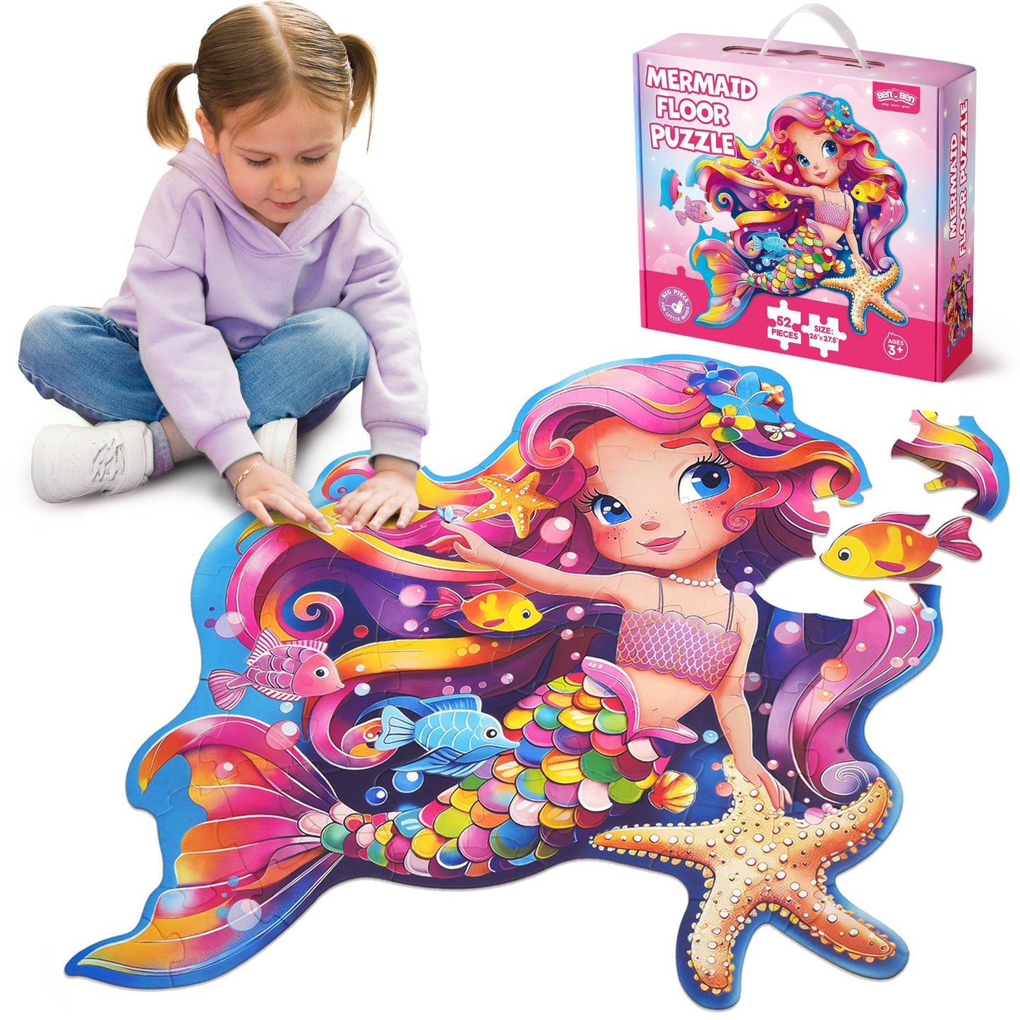 Large Floor Puzzle for Kids Ages 3+, Chunky Jigsaw Mermaid & Farm Animals, Preschool Educational Toy for Boys & Girls 3 4 5 6 Years Old