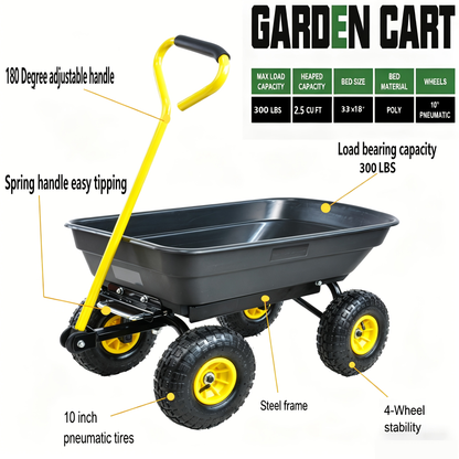 Garden Dump Cart 4-Wheel Steel Frame Poly Bed Quick-Release Dump Feature Foldable D-Handle Yard Wagon for Landscaping Lawn