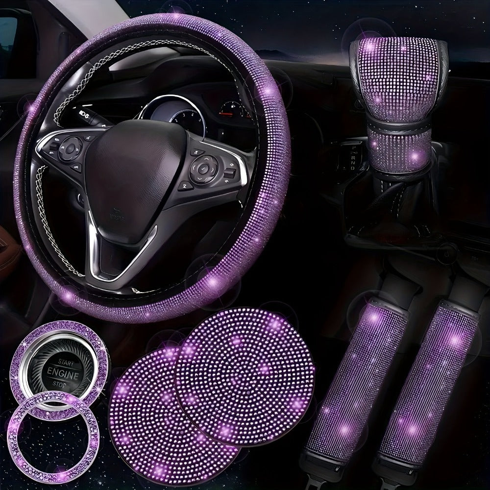 8-Piece Rhinestone Car Interior Accessories Set with Steering Wheel Cover, Coasters and Seat Belt Pads