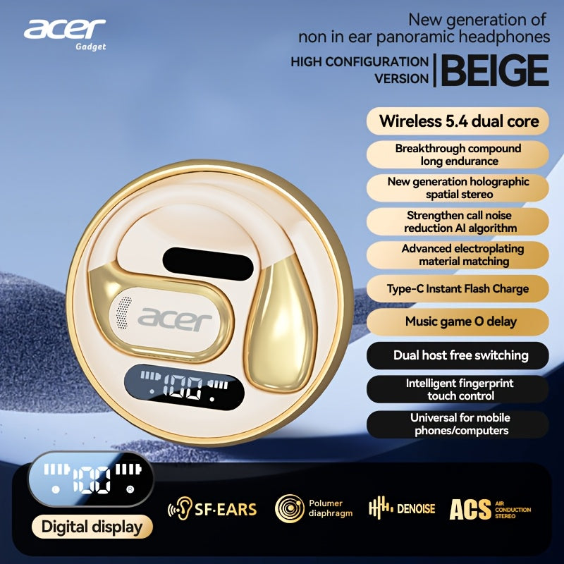 Wireless Earbuds Acer OHR510 Bluetooth 5.4 with Touch Controls, USB-C Case and Black or Beige Options