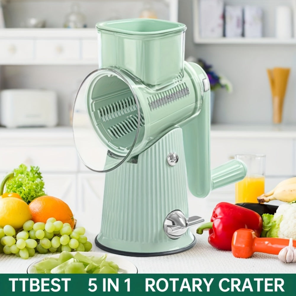 Rotary Cheese Grater with Interchangeable Blades, 5-in-1 Manual Vegetable Slicer Shredder Set, Suction Cup Base